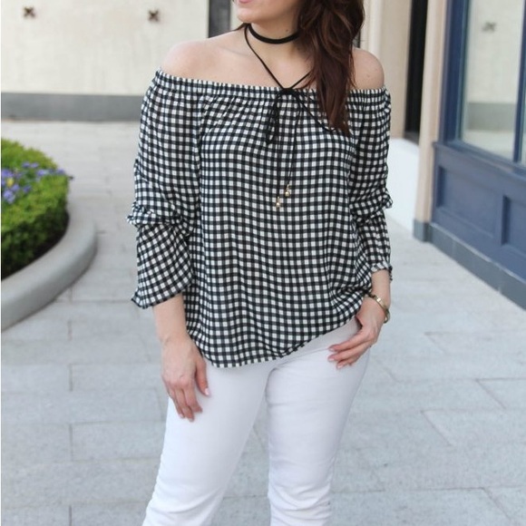 NWT GAP gingham off the shoulder blouse cottagecore - Picture 2 of 9